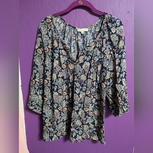 💜 Adrienne Vittadini Navy Floral Paisley Colorful 3/4 Sleeve Blouse 1X 16 18